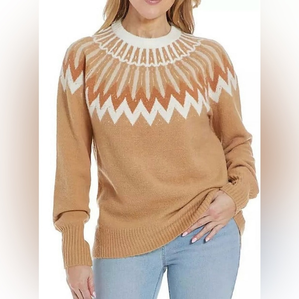 French Connection Women's Sweater Brown Neutral Fair Isle XL Soft Knit